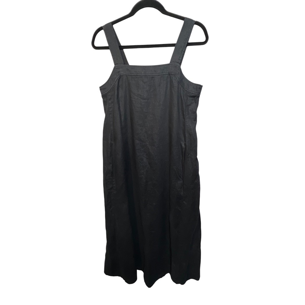 Eileen Fisher Black Organic Linen Midi Shift Dress Adjustable Straps XXS